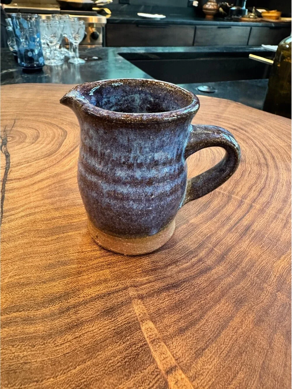 Vintage Hand-Thrown Blue Drip Glaze Pottery Creamer 4.5